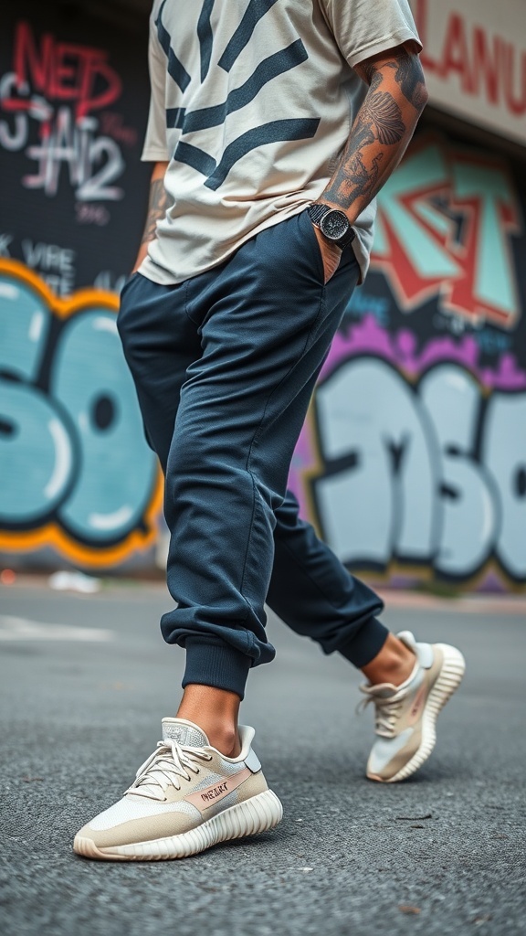 Stylish Outfit Ideas for Yeezy 350 V2 MX Oat for Men Man in Yeezy 350 V2 MX Oat sneakers with casual outfit in urban setting.